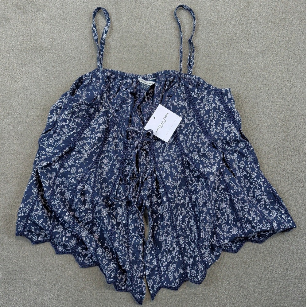 American Eagle Cami Top Womens XS Navy Blue Floral Lace Up Boho Cotton Tank New